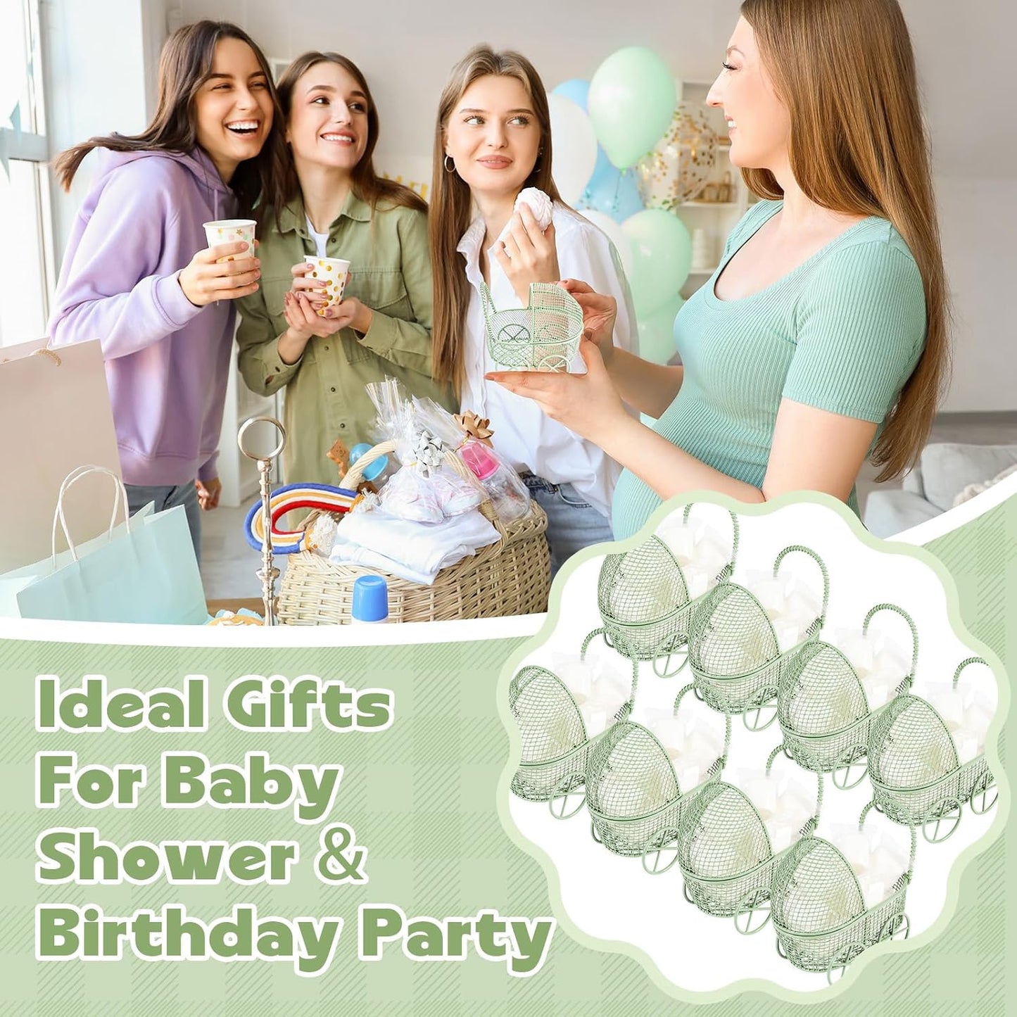 Threehoney 12 Pcs Baby Shower Mini Carriage Decoration Greenery Color Metal Wired Fillable Candy Stroller Baby Shower