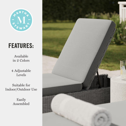 Martha Stewart Bedford Indoor-Outdoor Patio Chaise Lounge Chair with Adjustable Back and Rattan Wicker Finish in Gray with Gray All-Weather Cushions