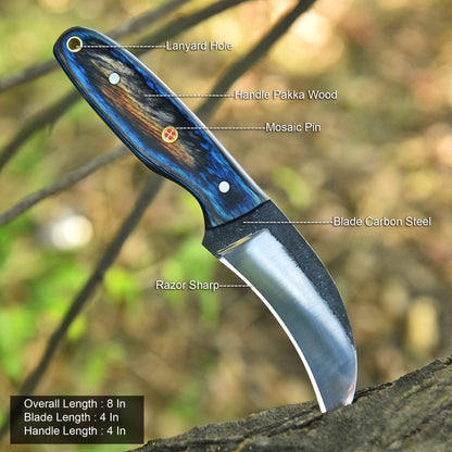 Trade Scorpio Handmade 1095 high Carbon Steel Lineman Hawkbill knife- Wire Skinnning Knives- With Pancake Leather Sheath- Fixed Blade Knife- electrician knife (Blue & black Wood)