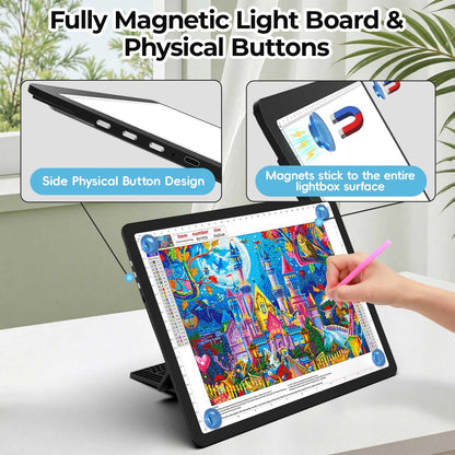 Heanolier Rechargeable A4 Light Board with Stand & Padded Case,7100Lux Bright Magnetic Light Pad with Side Buttons,Wireless Light Box for Tracing,LED Light Table for Diamond Painting,Sketching,Drawing