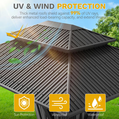 DWVO 14x12FT Gazebo Hardtop Outdoor Double Roof with Nettings and Curtains, Heavy Duty Galvanized Steel Roof Aluminum Gazebo for Patio, Backyard, Deck, Lawns, Gray