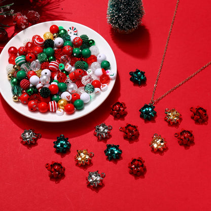 NVENF 600PCS+ Christmas Beads Charms for Jewelry Making, Metallic Christmas Bow Charms, Red Green Clay Beads, Assorted Rhinestone CCB Beads Gold Spacer Beads for DIY Bracelet Necklace Crafts