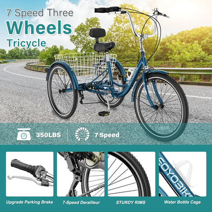 MOPHOTO Adult Tricycle 7 Speed, 20/24/26 Inch Low Step-Through Adult Trike with Large Rear Basket, 350 lbs Capacity 3 Wheel Bike for Seniors, Women and Men