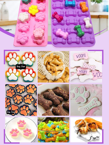 Puppy Dog Paw and Bone Silicone Molds, Non-Stick Food Grade Molds for Baking, Set of 6 Dog Bone Cookie Cutters