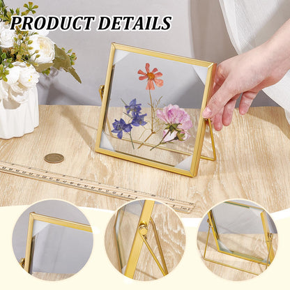 GLASSWINDS 4Pcs Pressed Flower Frame, Double Glass Frame for Pressed Flowers Handmade, 6x6 Inches Clear Glass Picture Frames, Gold Floating Frames for Press Flower Tabletop Display DIY Birthday Gift