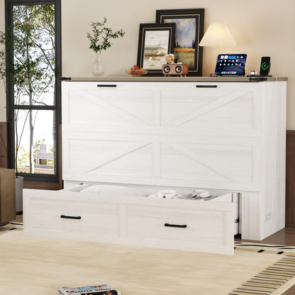 Merax Modern Farmhouse Solid Wood Murphy Cabinet Bed with Charging Station, Foldable Wall Platform Bed with Storage Drawer/No Box Spring Needed/Easy Assemble/Queen, White