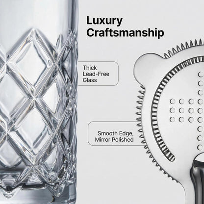 Fioance Cocktail Mixing Glass Set, Bar Mixing Set with 13.5oz Crystal Thick Bottom Glass,Spoon with Muddler and Strainer, Sturdy Hand Blown Seamless Crystal, Gift for Amateurs and Bartenders.