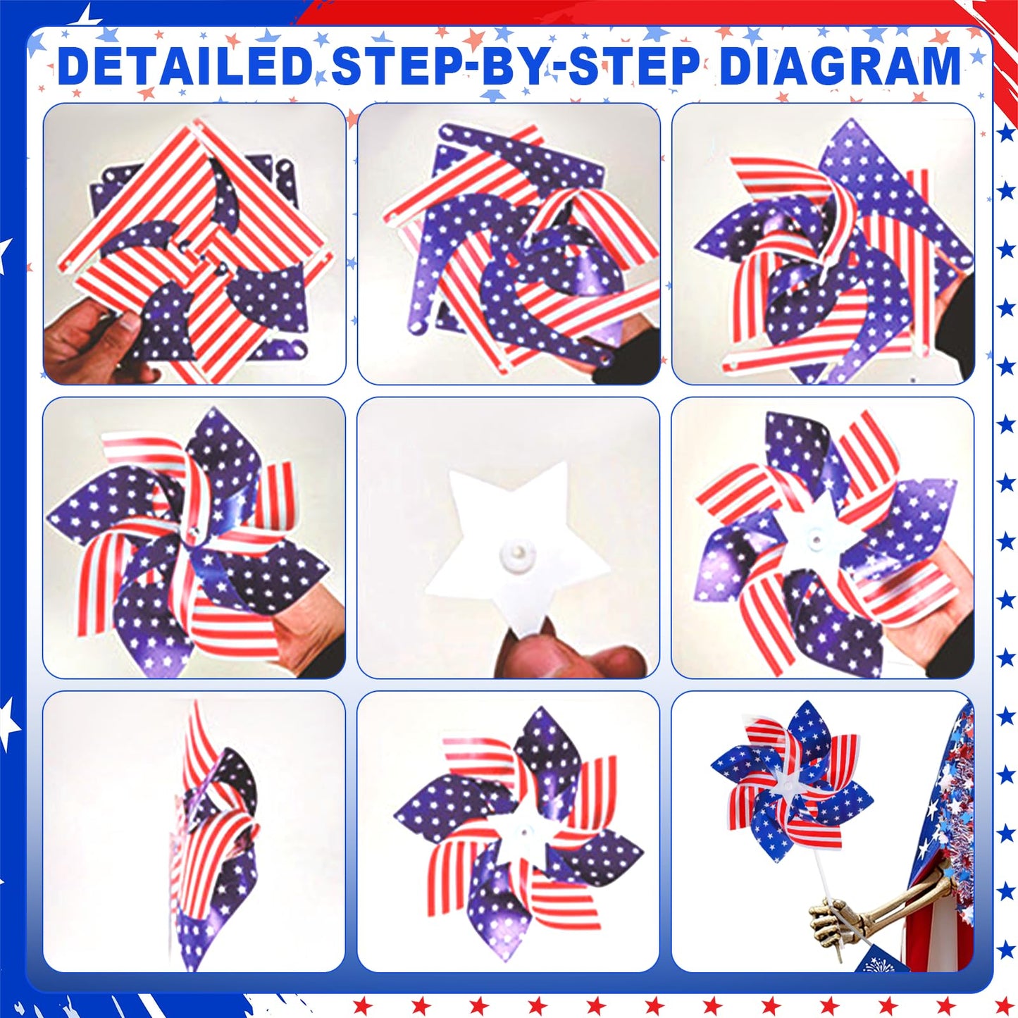 8 Pcs 4th of July 12 Ft Skeleton Costume Set Skeleton Clothes Accessories Independence Day Hat Tie Garland American Flag Cape Banner Pinwheels for 250th Anniversary Patriotic Garden Lawn Outdoor Decor