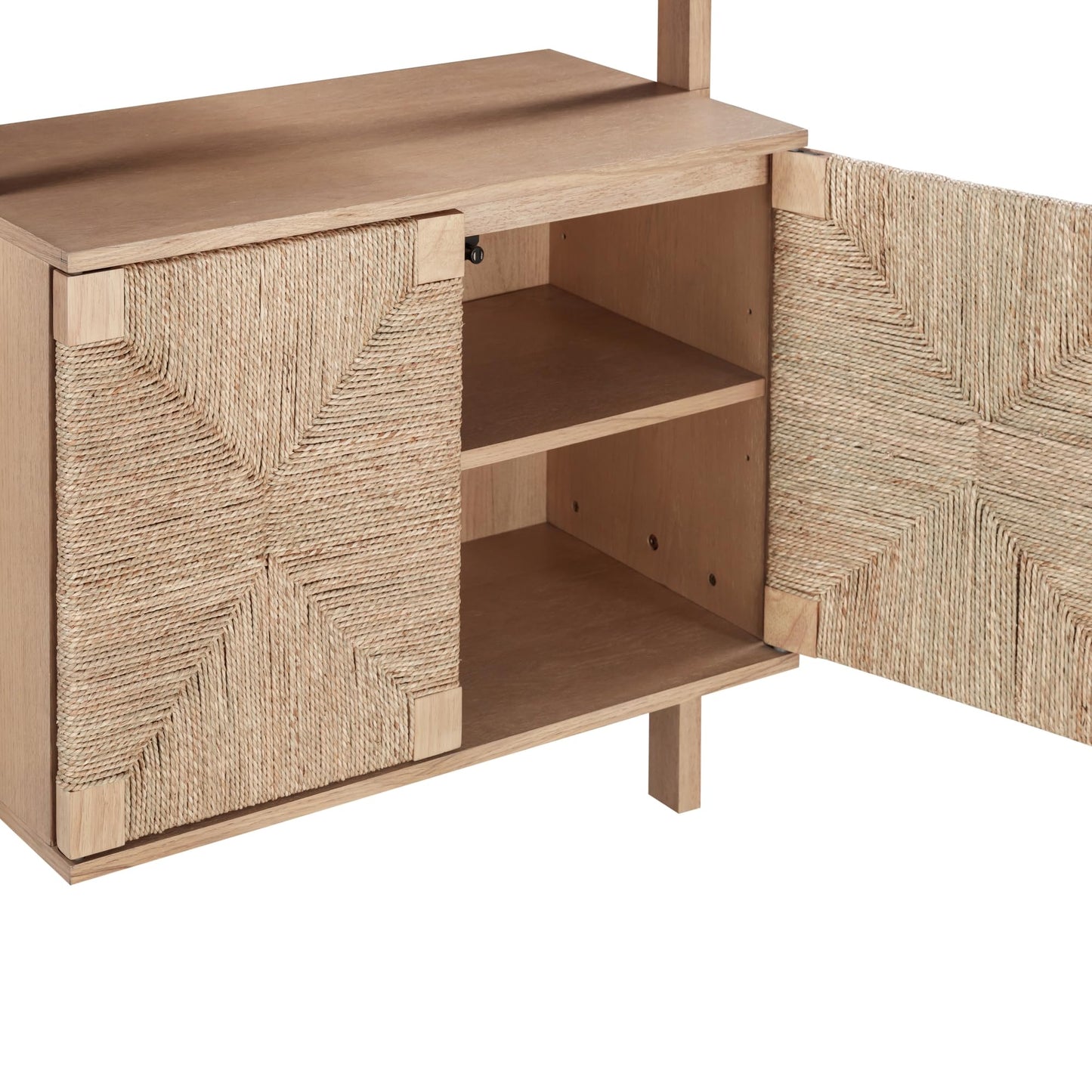 Nathan James Beacon 3-Shelf Bookcase with Seagrass Cabinet, Solid Wood Bookshelf with Storage with Solid Wood Frame, Seagrass/Raw Oak Set of 2
