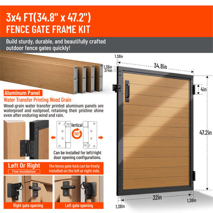 Uphode 3x4 FT(34.8" x 47.2") 201 Stainless Steel Fence Gate Kit Heavy Duty, Anti Sag Metal Fence Gate Frame Kit with Board, Morden Garden Gate Hardware Kit Outdoor (Left/Right Free-Installation)