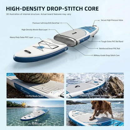 Inflatable Stand Up Paddle Board 11'×34" Extra Wide SUP, Ultra-Stable for Adults & Dog, 450lbs, Dual Chamber Pump, Fiberglass Paddle, Military Grade Dual Layer, Wild Bear Claw Polar Design Blue