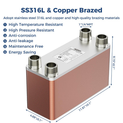 ALORAIR 5"x12" 70 Plates Heat Exchanger with 1-1/4" MPT Port,316L Stainless Steel Water to Water Brazed Plate Heat Exchanger for Floor Heating, Water Heating, Commercial and Industrial Refrigeration