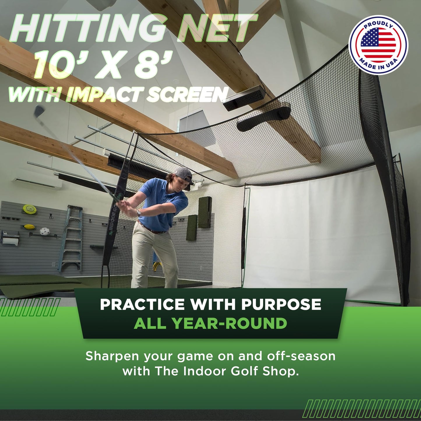 The Indoor Golf Shop - Golf Net 10' x 8' with Impact Screen Knotless Golf Hitting Net with Simulator Screen for Indoor and Outdoor Practice - Arrives Ready to Assemble and Use