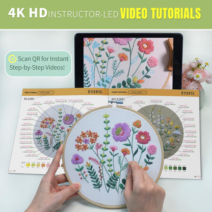 ETSPIL Beginner Embroidery Kit for Adults, 4K HD Video Tutorials, Pre-Printed Botanical Floral Designs, Essential Stitches & Bound Guide, Relaxing Screen-Free Activity for Women at Home