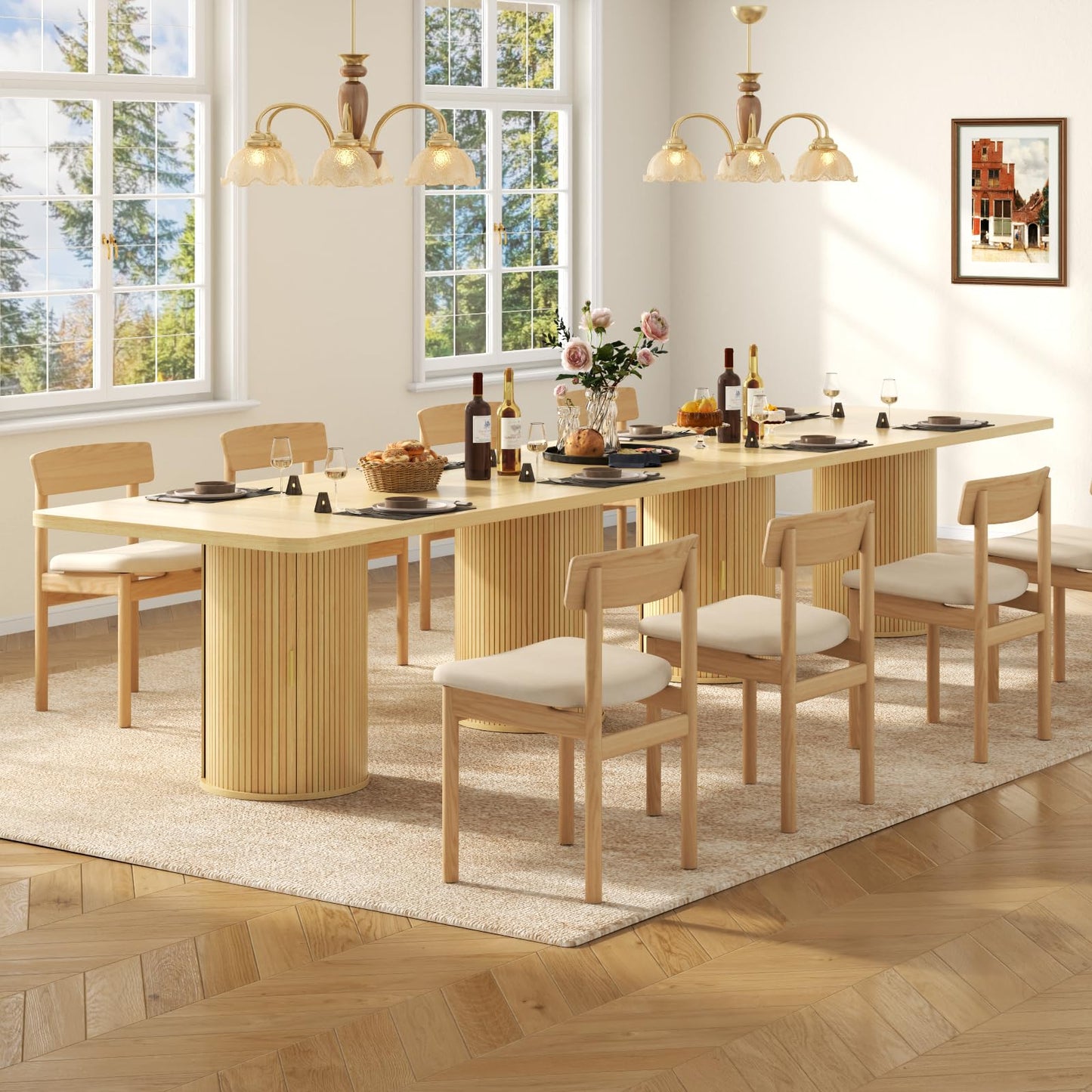 Gyfimoie 79" Dining Table for 8 to 10 People,Farmhouse Kitchen Dining Room Table with 2 Fluted Wood Strip Base & Slide Door,Mid Century Modern Dinner Table Furniture for Living Room,Kitchen,Natural