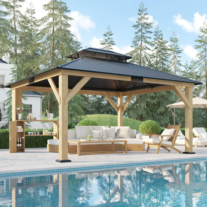 AMERLIFE 13x15 Spruce Wood Hardtop Carport, Outdoor Gazebo with Double Metal Roof & Storage Bar, Paviloin with Wood Frame for Patio, Parties, Garage, Lawns