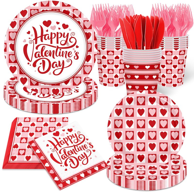 144Pcs Valentine's Day Party Plates and Napkins,Valentines Day Party Supplies Red Pink Love Heart Valentines Day Theme Tableware Set for Valentine Birthday Wedding Serve 24