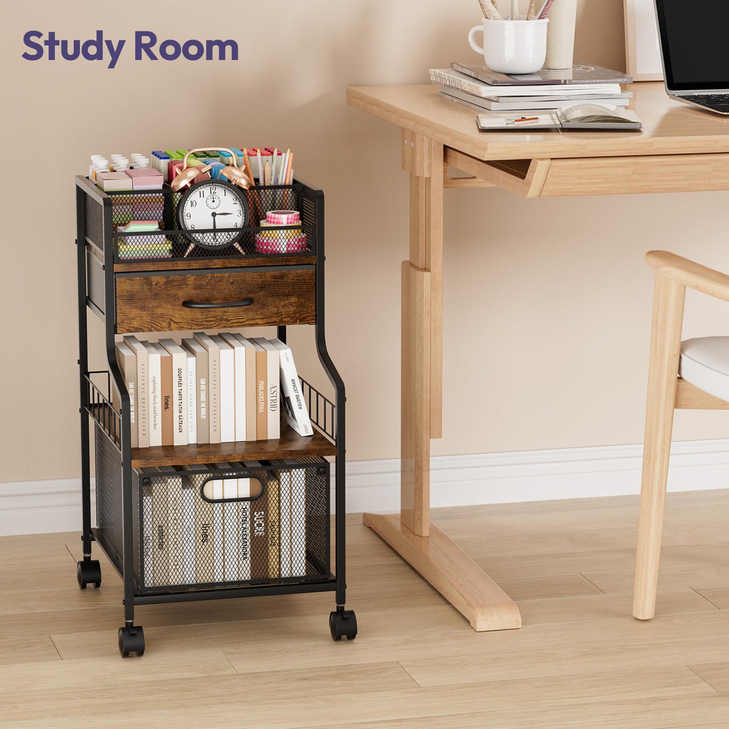 SWTYMIKI Under Desk Storage Cart- Art Storage Cart with Drawers & DIY Divider - Office Cart Organizer Under Desk Shelf, Craft Rolling Cart for Office, Craft Room & Studio Espresso