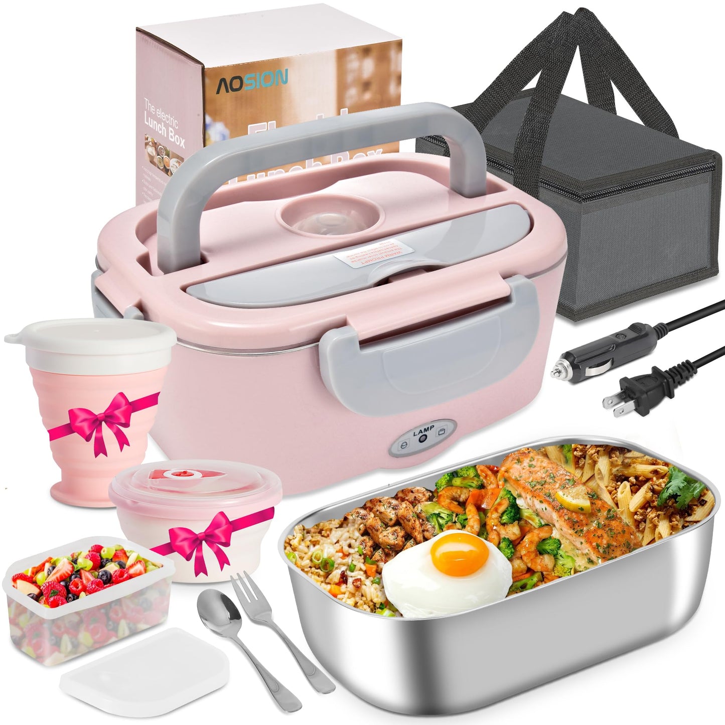 AOSION Electric Lunch Box for Adults, Heated Lunch Box 3-IN-1 80W Self Portable Food Warmer for Car/Truck/Office, Upgraded Lunch Box Leak-Proof Stainless Steel Container, Gifts for Women (Pink)