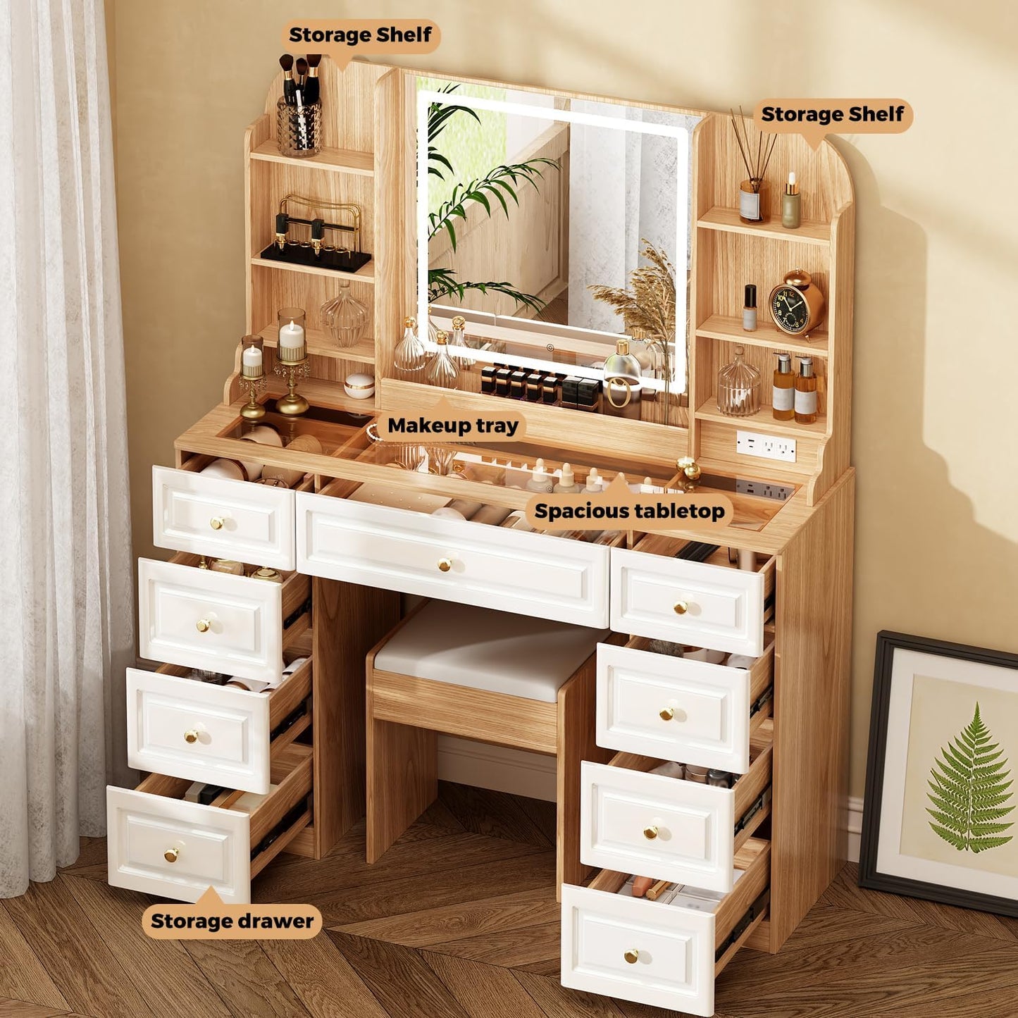 Arulvmrn 43" Makeup Vanity Desk with Mirror and Lights, & Power Outl, Glass Top Big Vanity Table with 9 Drawers& 8 Storage Shelves, Dressing Table Set with Chair for Bedroom, Oak