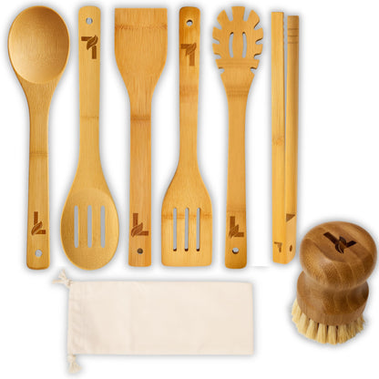 Luma Living Home Bamboo Kitchen Utensil Set, 7-Pieces Natural Cooking Utensils for Nonstick Cookware, Eco-Friendly Wooden Spoons and Spatulas for Cooking