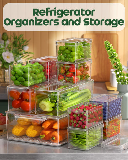 KEMETHY 11 Pack Refrigerator Organizers and Storage, Stackable Fridge Organizer Bins, BPA-Free Clear Plastic Fruit Storage Containers for Fridge, Kitchen, Fruits, Drinks, Produce, Vegetable