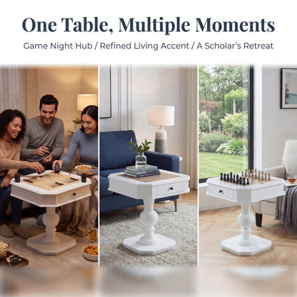 ComeWay Chess Table, Reversible Chess Checker Game Table with 2 Drawers for Family Entertainment Room, 3-in-1 Square Game Tray for Chess Checker Backgammon, White