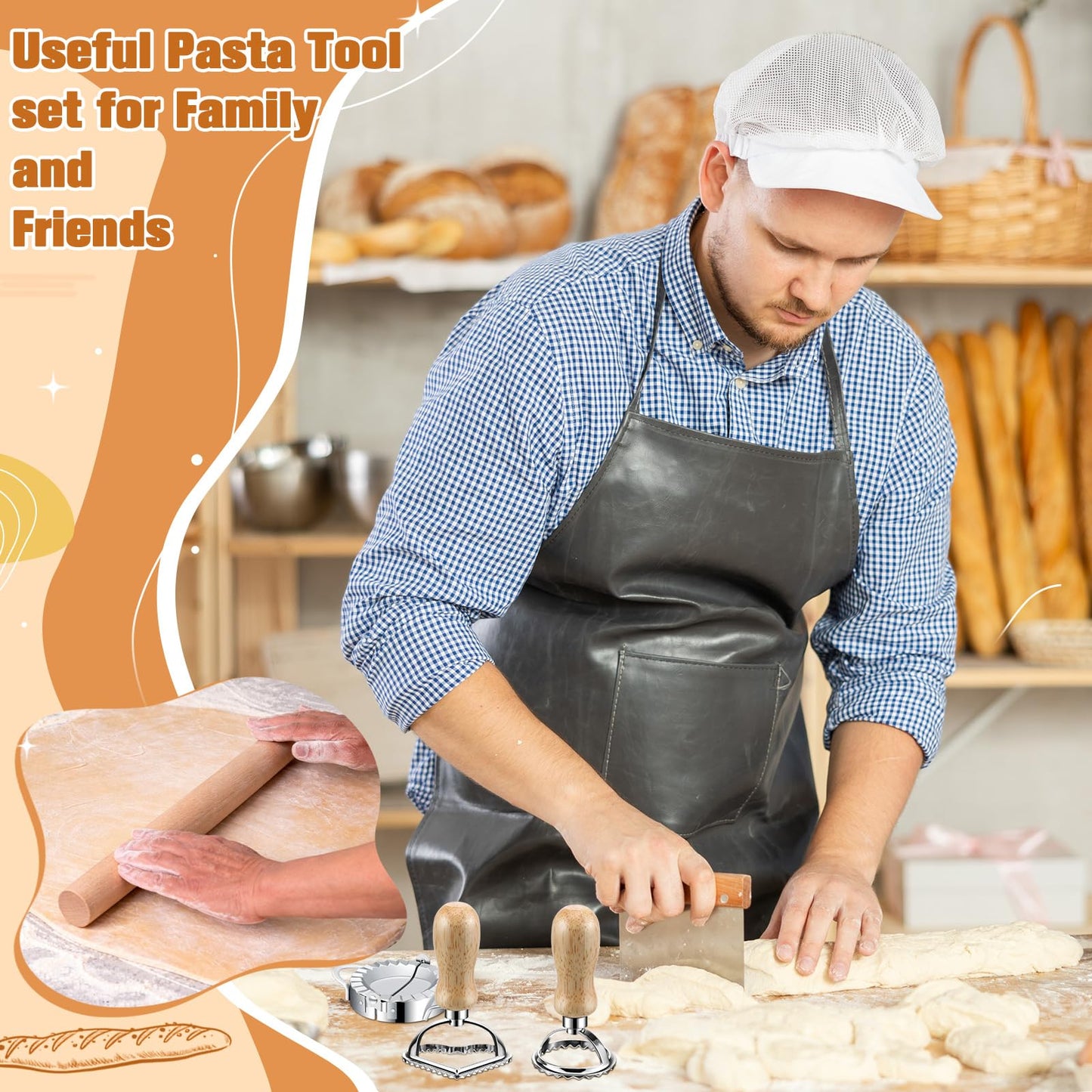 11 Pcs Pasta Making Tools Kit - Pasta Drying Rack, Gnocchi Board,Pasta Cutter, Ravioli Stamps, Wood Threaded Pasta Roller Pin Set, Noodle and Dumplings Maker