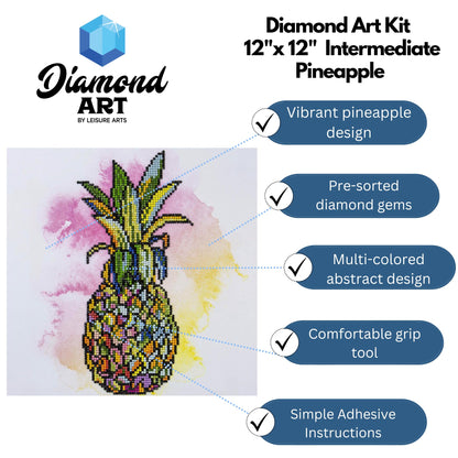 DIAMOND ART BY LEISURE ARTS Pineapple, 12"X12", Intermediate Diamond Painting Kits for Adults, Art for Adults, Kit, Painting