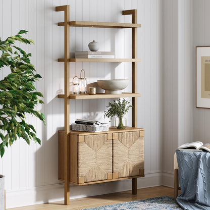 Nathan James Beacon 3-Shelf Solid Wood Bookshelf with Storage Cabinet, Bohemian Wall Mounted Shelf with Seagrass Door Fronts