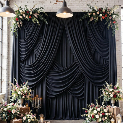10 Panels 5x12ft Wrinkle Free Black Backdrop Curtains for Parties, Polyester Photo Backdrop Drapes 12 ft Long Back Drop Cloth for Wedding Birthday Photography Background, 50ftx12ft