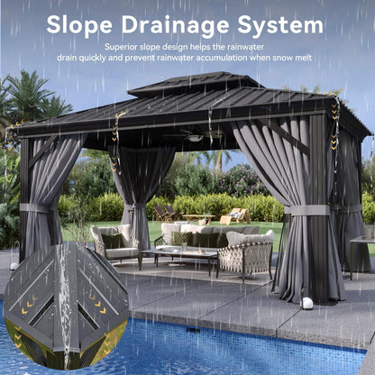 Aoxun 10'x12' Hardtop Gazebo, Aluminum Frame Canopy with Double Galvanized Steel Roof, Outdoor Metal Pavilion with Netting, and LED Outdoor Waterproof Hanging Lights