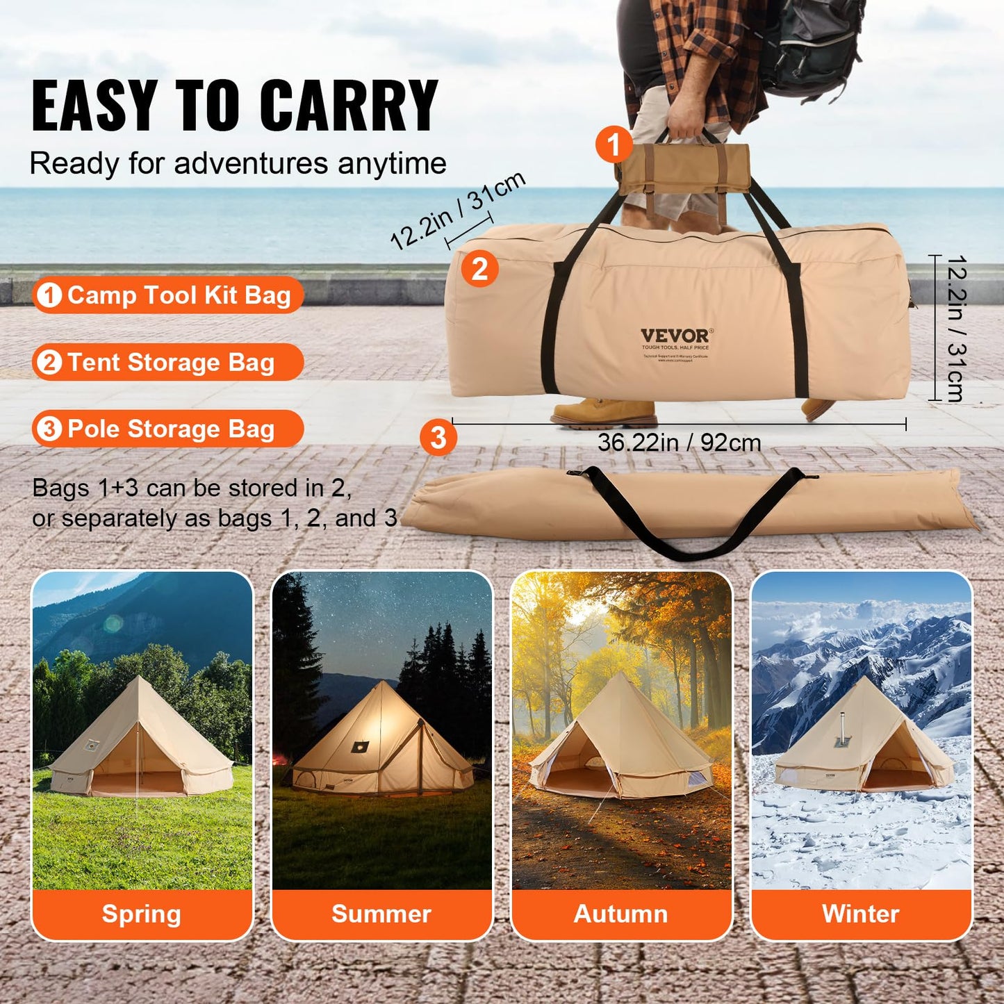VEVOR Canvas Tent Bell Tent, 4 Seasons 4 m/13.12 ft, for Camping with Stove Jack, Family Camping Outdoor Hunting Party