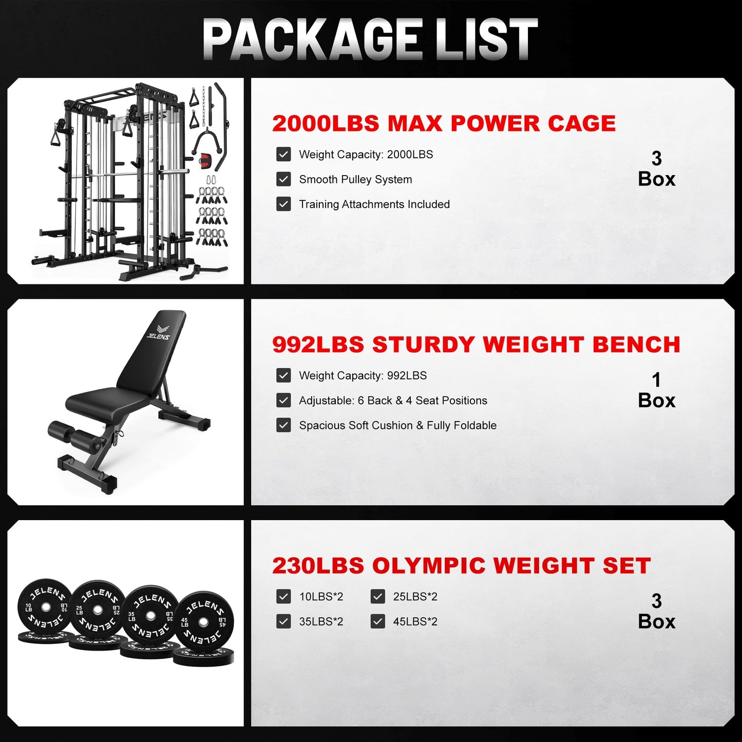 JELENS Smith Machine for Home Gym, Multi-Function M12 Power Cage, Squat Rack with Smith Bar and More Attachment (Black, 230LB Black Weights Package)