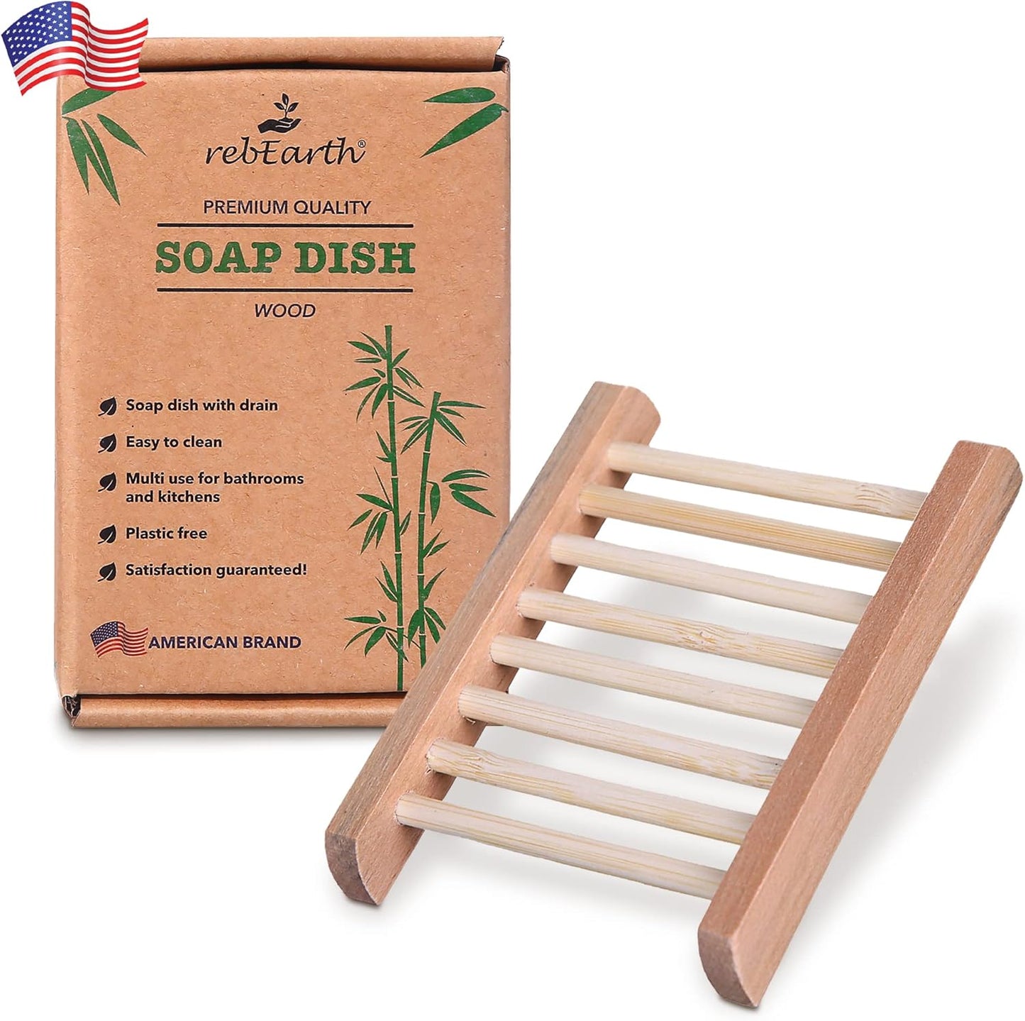 1 pack rebEarth Wood Soap Bar Dish Holder Handcrafted Stylish Square Tray | Self Draining | Keep Soap Dry | Shower