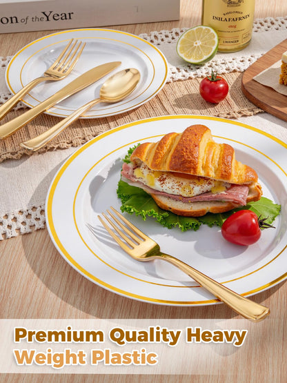 WDF 120 pieces Gold Disposable Plastic Plates - White and Gold Plates Include 10.25" Dinner Plate & 7.5" Salad Plate for Mother's Day Party Baby Shower Wedding Spring