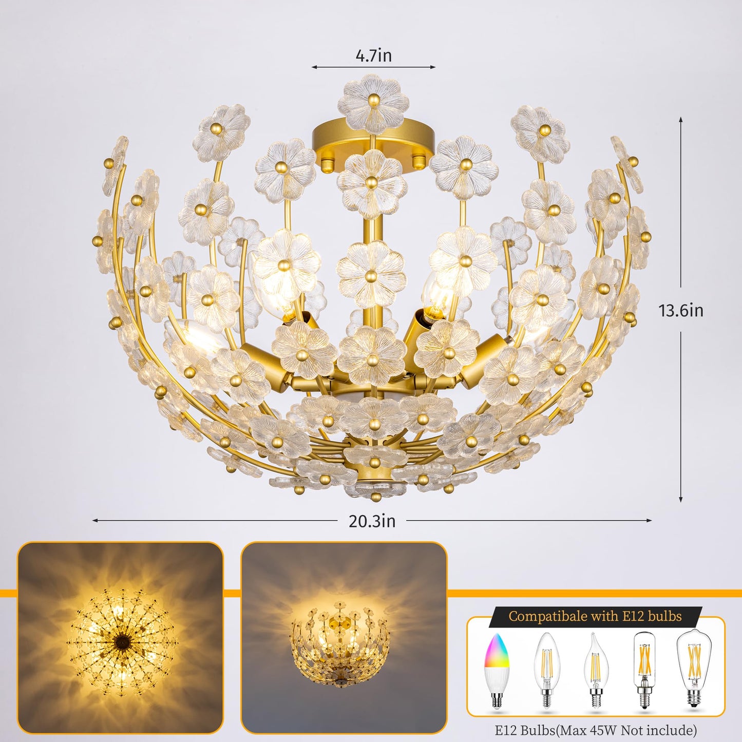 Wellmet Gold Semi Flush Mounts Ceiling Light,Sputnik Ceiling Light Fixture for Bedroom,Flowers Glass Modern Chandelier for Dining Room,Mid Century Close to Ceiling Light for Foyer,Living Room,Nursery