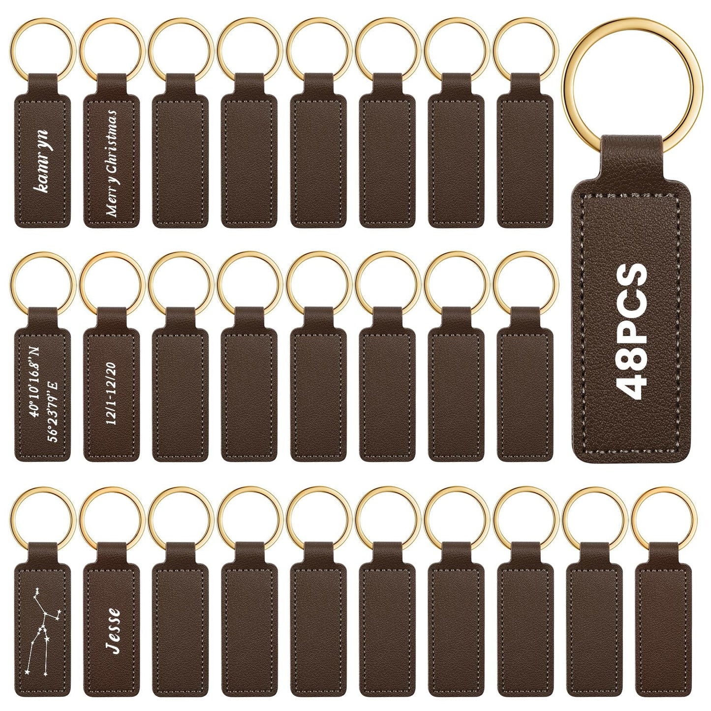 Wavyknot 48 Pcs Leather Keychains Blank Bulk PU Leather Laser Engraving Keychains Gift for Men Women Christmas Birthday (Brown Color)