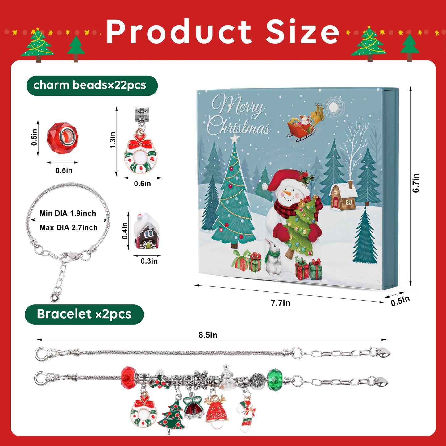 Christmas Advent Calendar Bracelets 2026 for Girls, 24 Days DIY Jewelry Making Kit with 22 Charm Beads and 2 Adjustable Bracelets, Xmas Countdown Gift for Kids Teens Women