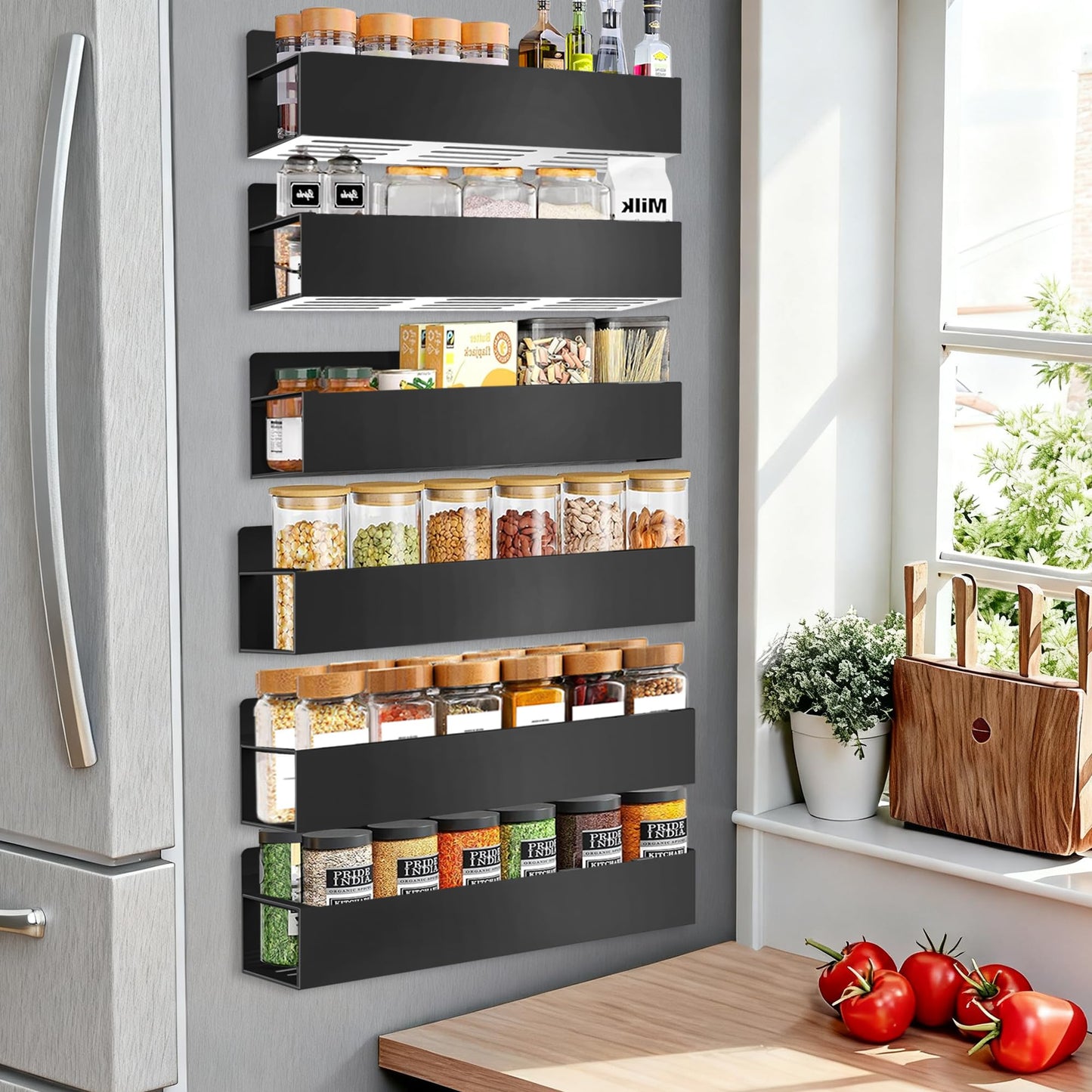 SMRCAD Magnetic Spice Rack for Refrigerator, 6pack Magnetic Shelf for Fridge Space Saving Seasoning Organizer for Kitchen storage Any Metal Surface No Drilling Needed (6pack-Black)