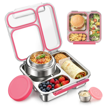 Pawtong Stainless Steel Bento Box Kids Adult with 7oz Insulated Food Jar, Transparent Lid Metal Lunch Box With Soup Thermal Jar, Lunch Box Container with Removable Divider & Sauce Cup School (Pink)