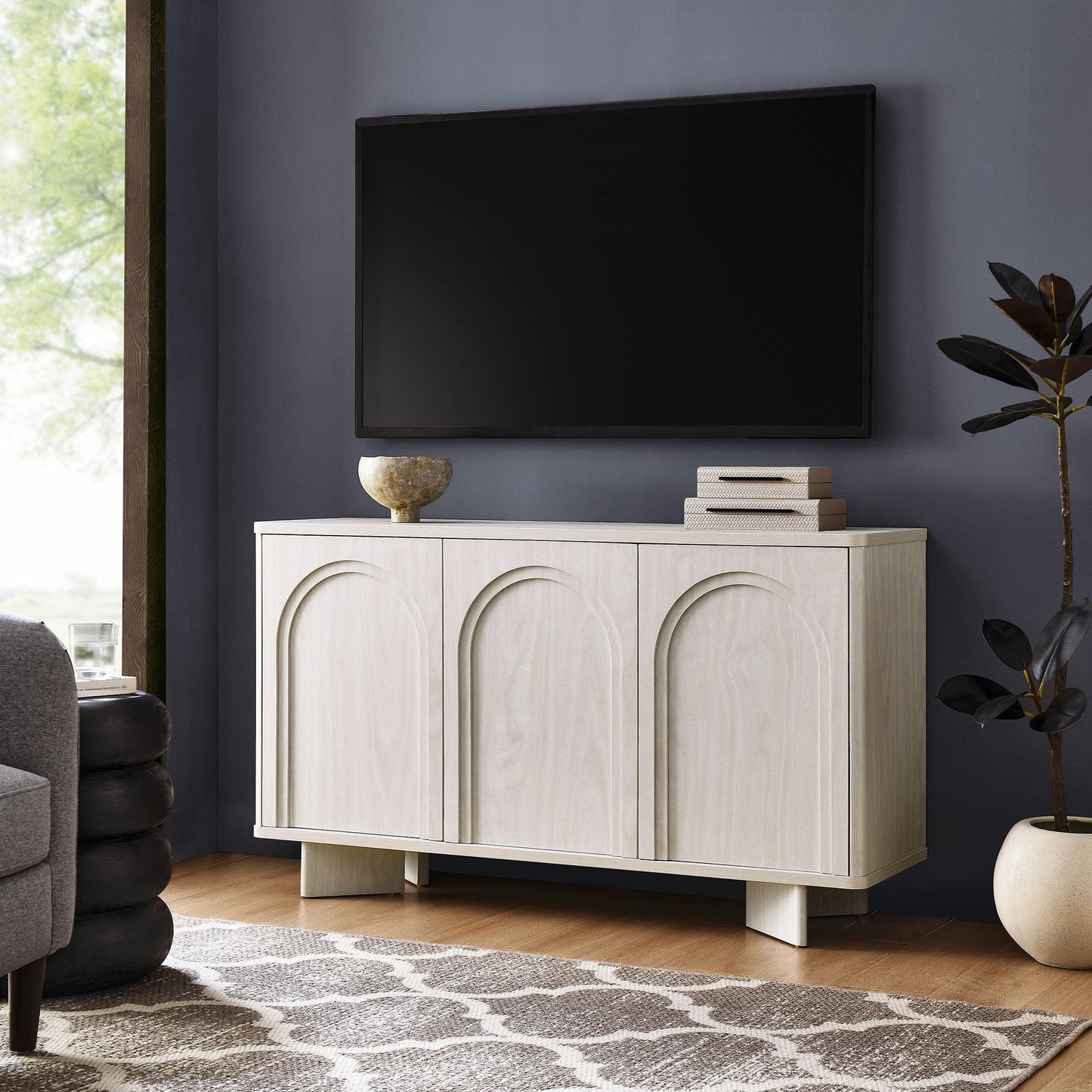 Modway Flux Arched Door Sideboard in White Wash - 55 Inch Freestanding 3-Door Buffet Credenza - Tall Media Console for Wall-Mounted TVs - Modern Accent Cabinet for Kitchen, Living Room, Hallway