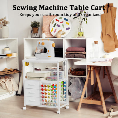 Sewing Table with 60 Spools Thread Holder and 3 Fabric Drawers, Rolling Sewing Machine Table for Storage Embroidery Machine, Rolling Craft Table Cart for Sewing Organizer, White, Patent Pending