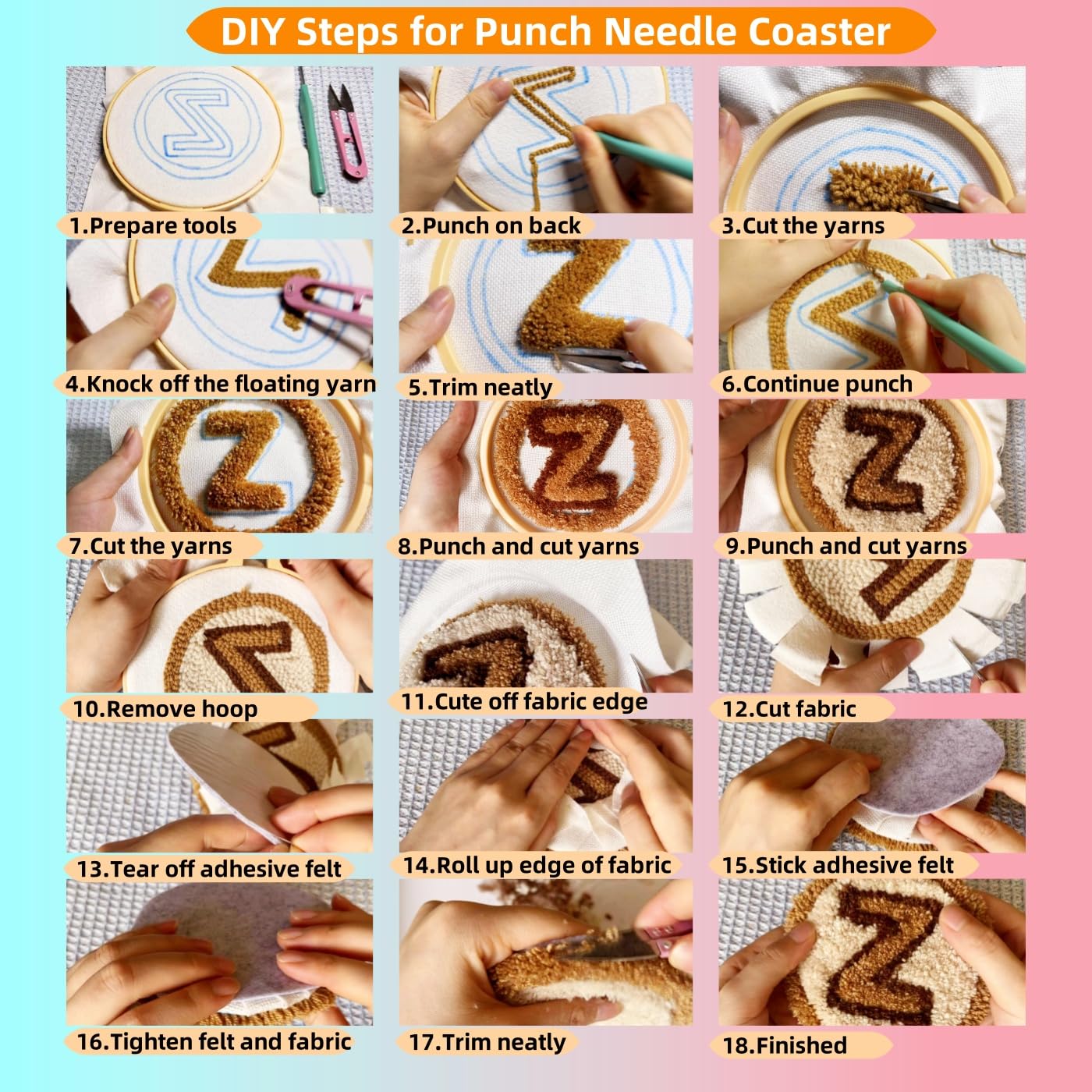 6PCS Punch Needle Coaster Kit Coffee Cup Easy for Beginners Stress Relief Craft Set with Hoop Yarn & Patterns DIY Embroidery Mug Rug Kit for Adults Kids Home Decor-4
