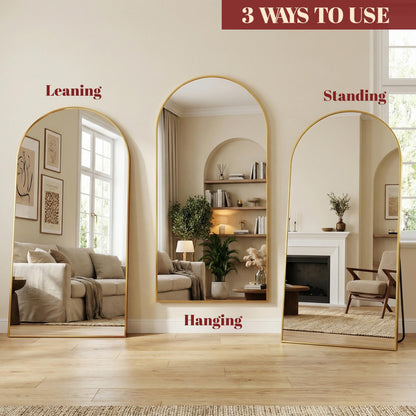 Suidia 86"x46" Arched Full Length Mirror with Stand, Full Body Mirror with Aluminum Frame, Freestanding/Leaning/Wall-Mounted, Floor Mirrors for Bedroom, Living Room, Entryway, Dressing Room, Gold