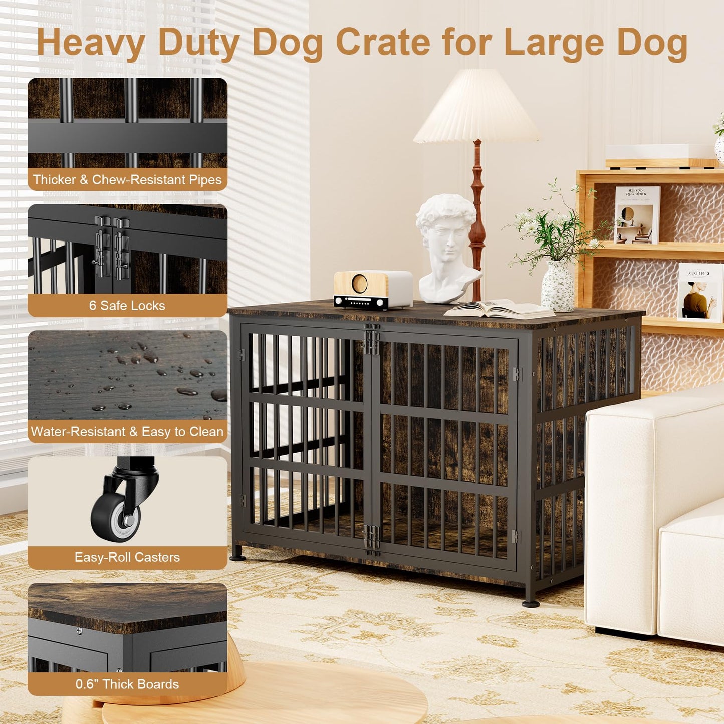 46" Dog Crate Furniture with Wheels, XXL Heavy Duty Dog Kennel Indoor for XL Dogs, Metal Chew-Proof Dog Cage, 45.9" L x 27.6" W x 32.4" H, Decorate House as TV Stand, End Table — Rustic Brown