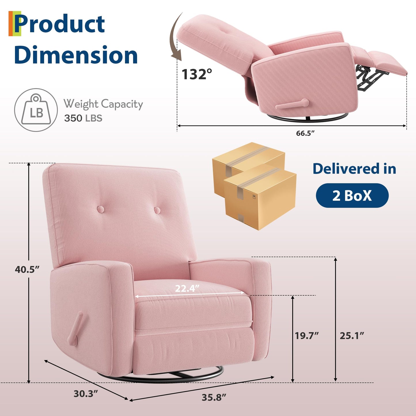 GarveeHome Recliner Chairs, Swivel Rocker Recliner, Glider Recliner Nursery Chair for Adults, 360° Swivel Glider Rocking Chair for Living Room, Bedroom, Office, RV, Small Spaces, Corduroy, Pink
