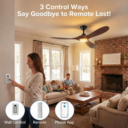 Wall Switch-60 inch Outdoor Ceiling Fan with Light Remote for Patios, Wet Rated Wood 3-Blade Propeller Ceiling Fans, Smart APP, High CFM 6-Speed DC Motor for Exterior Indoor, 3 LED Glass Lamp, Walnut