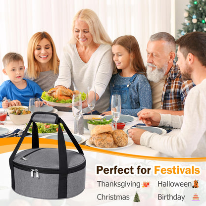MIAOJIE Round Insulated Casserole Carrier, Pie Carrier Bag, Portable Casserole Carrier for Hot or Cold Food Lunch Tote, Lunch Bag for Parties Picnic, Fits 12.5" Baking Dish, Grey