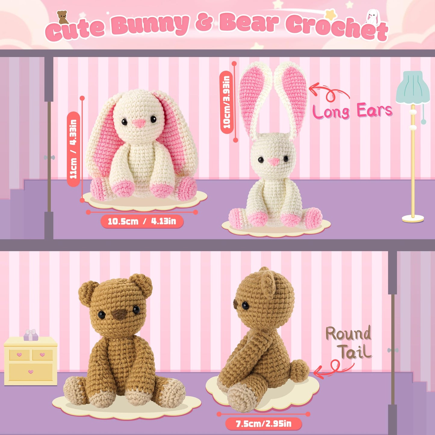 Crochet Kit for Beginners, Bunny and Bear Crochet Kit with Step-by-Step Video Tutorials, Bunny Crocheting Kit for Starter, Beginner Crochet Kit for Adult, Stuffed Animal Knitting Kit for Birthday